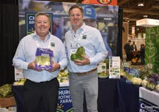 Brian Bengard and Ernst van Eeghen with Church Brothers Farms show whole leaf Romaine and Tuscan Baby Romaine lettuce. 